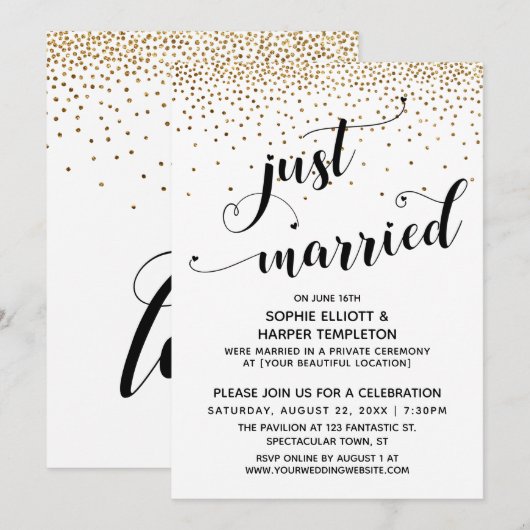 Net Getrouwd Script, Gouden Confetti, Alleen Ontva Kaart (Voorkant / Achterkant)