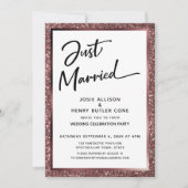 Net Getrouwd Script Roze Goud Glitter Reception Kaart (Voorkant)
