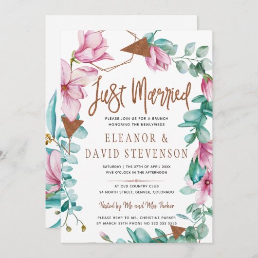 Net getrouwd typografie bloemenroze bruiloft brunc kaart (Voorkant / Achterkant)