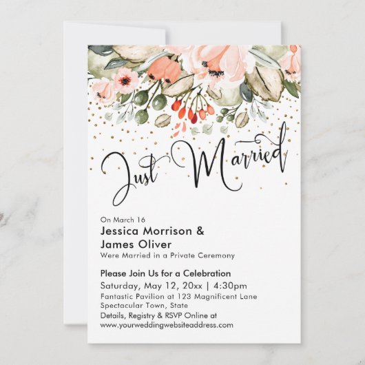 Net Getrouwd Typografie Blush Bloemengold Confetti Kaart (Voorkant)