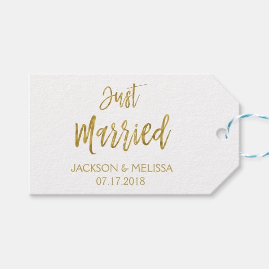 Net getrouwd wit en goud folie polka stippen cadeaulabel (Voorkant (Horizontaal))