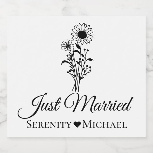 Net getrouwd Zonnebloem Huwelijk Rustieke Wildflow Likeurfles Etiket (Enkel label)