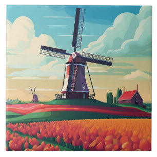 Netherlands Landscape Windmill Tulip Field Travel Tegeltje