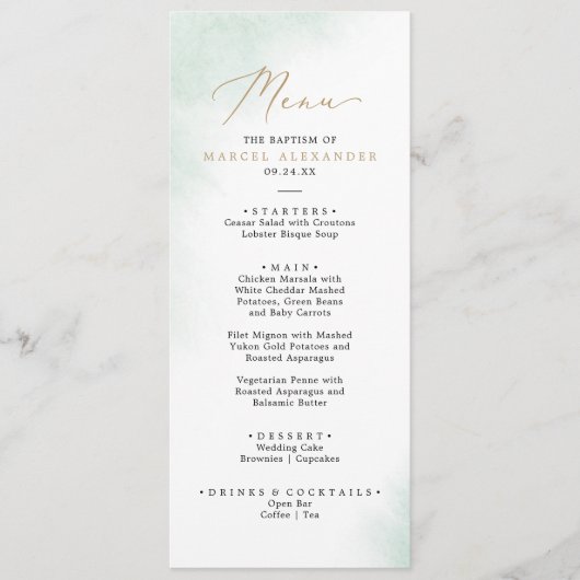 Nettoyage aquarelle | Menu Baptême vert et or (Devant)