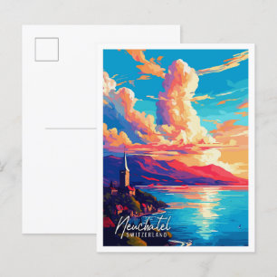 Neuchatel Zwitserland vintage reisillustratie Briefkaart