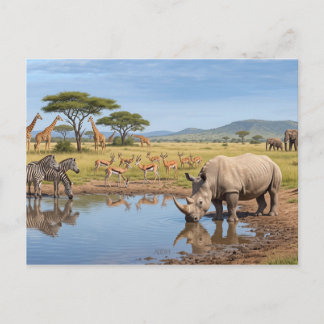 Neushoorn drinkend bij waterpoel in savanne Foto v Briefkaart