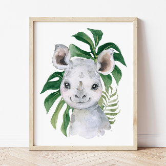 Neushoorn, Jungle Dieren, Safari Dieren, Palmblade Poster