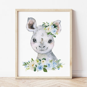 Neushoorn, Safari, Jungle, Blauwe Bloemen, Jongens Poster