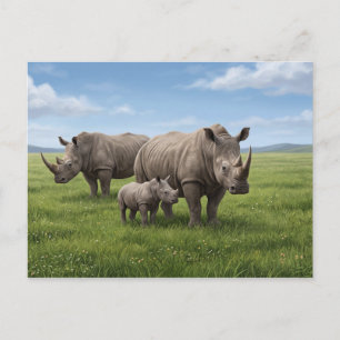 Neushoornfamilie Wandelen In Groene Savanne Foto V Briefkaart