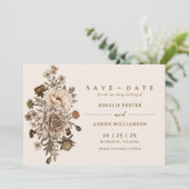 Neutraal Aardse Crème + Bruin | Vintage Bloem Save The Date (Staand voorkant)