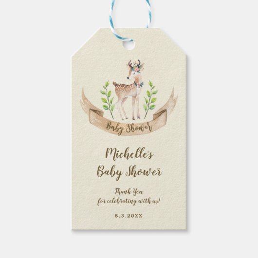 Neutraal baby shower labels begunstigt herten cadeaulabel (Voorkant)