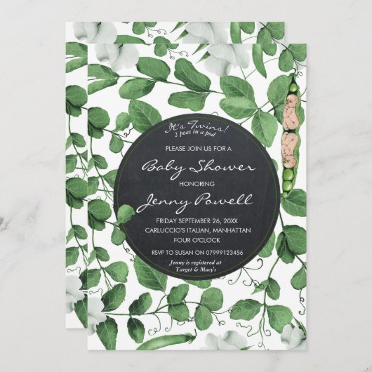 Neutraal baby shower uitnodiging tweeling erwten i (Voorkant / Achterkant)