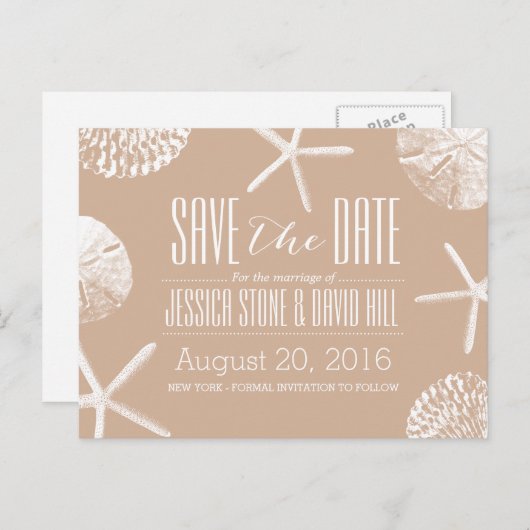 Neutraal Beige Beach Theme Seashells Save the Date Aankondigingskaart (Voorkant / Achterkant)