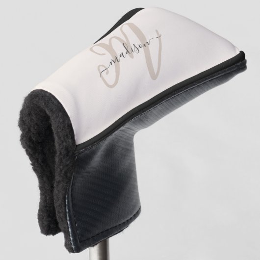 Neutraal Beige Bold Script Monogram en Naam Golfheadcover (3/4 voorkant)