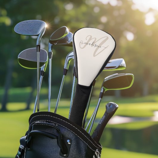 Neutraal Beige Bold Script Monogram en Naam Golfheadcover