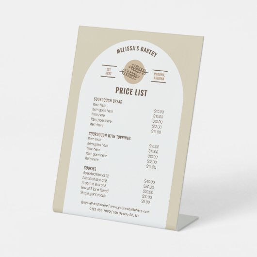 Neutraal Beige Brood Bakkerij Zuurdeeg Prijslijst Reclamebord Met Voetstuk (Voorkant)