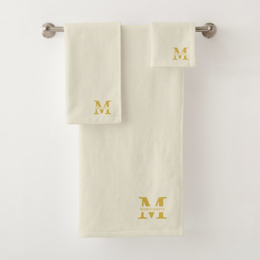 Neutraal beige goud monogram bad handdoek (Insitu)