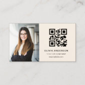Neutraal beige taupe foto QR-code sociale media Visitekaartje (Voorkant)