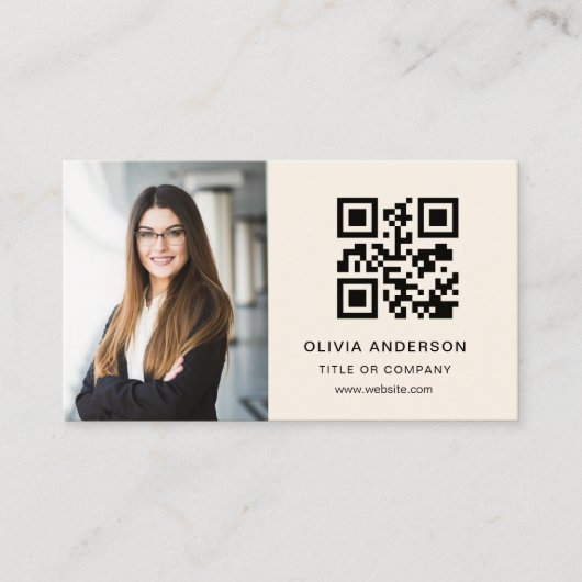Neutraal beige taupe foto QR-code sociale media Visitekaartje (Voorkant)