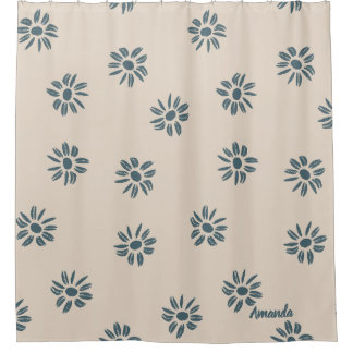 Neutraal Blauw Beige Monogram Naam Douchegordijn