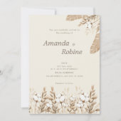 Neutraal Boho Katoen Bloemen bruiloft uitnodiging (Voorkant)
