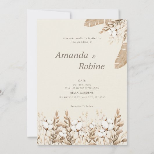 Neutraal Boho Katoen Bloemen bruiloft uitnodiging (Voorkant)