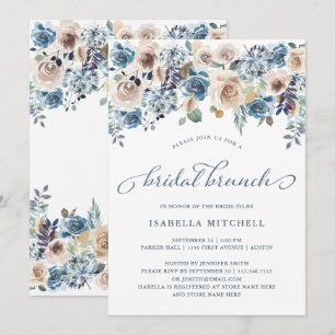 Neutraal en Blauw Floral   Bridal Brunch Kaart