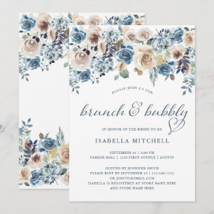 Neutraal en Blauw Floral Brunch en Bubble Kaart