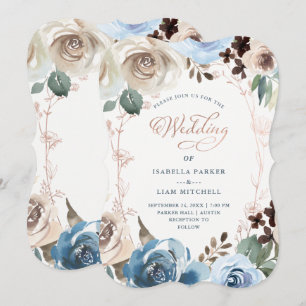 Neutraal en Blauw Floral   Faux Roos Gold Wedding Kaart