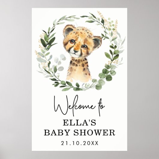 Neutraal Eucalyptus Greenery Leopard Baby shower Poster (Voorkant)