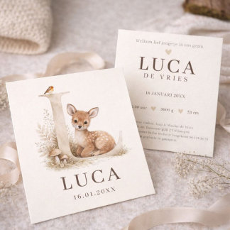 Neutraal geboortekaartje hertje monogram L  Kaart