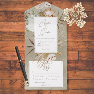 Neutraal Gedroogd Boho Bloemen Lijst Salie Diner All In One Uitnodiging