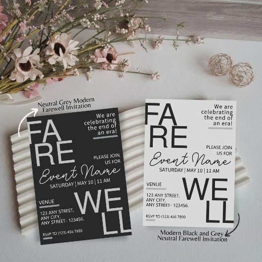 Neutraal grijs Moderne afscheidsuitnodiging Save The Date