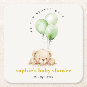 Neutraal Groen Bearly Wachtballon Baby shower Vierkante Kartonnen Onderzetter