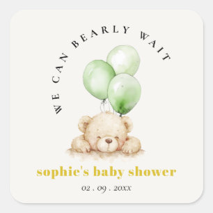Neutraal Groen Bearly Wachtballon Baby shower Vierkante Sticker