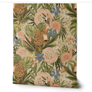 Neutraal Oerwoud Cheetah en Flamingo Floral Behang