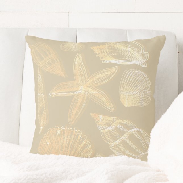 Neutraal Zand Tan Beige Seashell Shells Beach Hous Kussen (Shells starfish beach coastal beige tan sand summer home decor elegant neutral throw pillow)