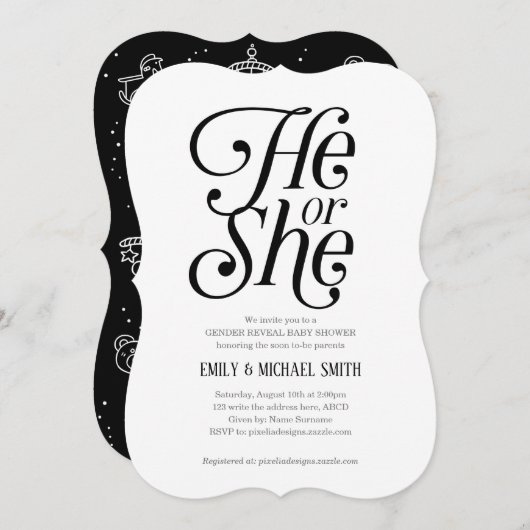 Neutraal, zwart en wit, hij of zij, gender onthull kaart (Voorkant / Achterkant)