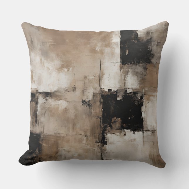 Neutraal zwart pecannoot bruin beige abstract kussen (Voorkant)