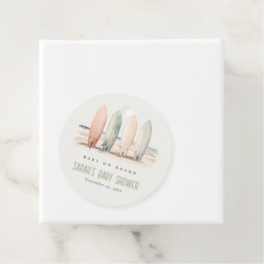 Neutral Baby On Board Surfboard Baby Shower Bedankjes Labels (In situ)