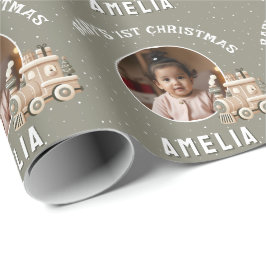 Neutral Baby’s 1st Christmas Train Keepsake Photo Cadeaupapier
