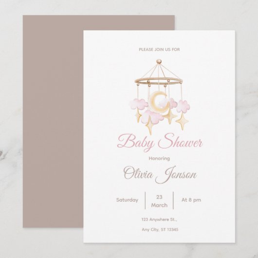 Neutral Baby Shower Invitation Moon and Stars (Devant / Derrière)