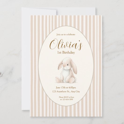 Neutral Baby's First Birthday Bunny Invitation (Devant)