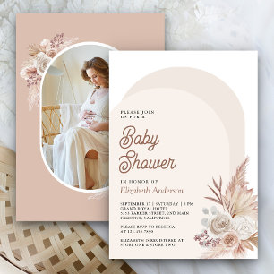 Neutral Beige Floral Pampas Foto Baby shower Kaart