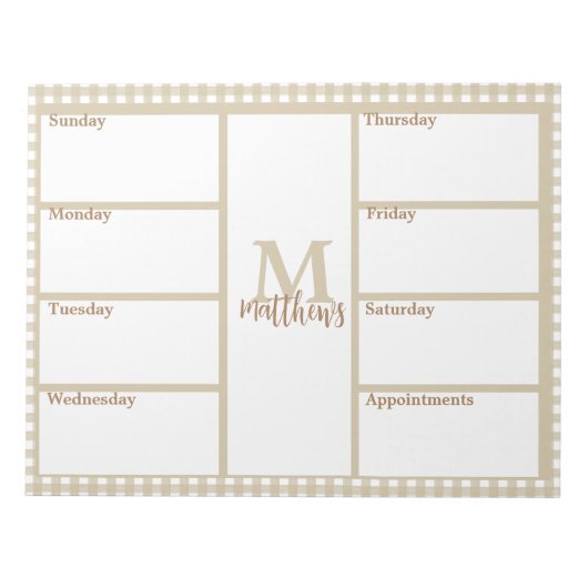 Neutral Beige Gingham Plaid Weekly Planner Notitie Notitieblok (Voorkant)