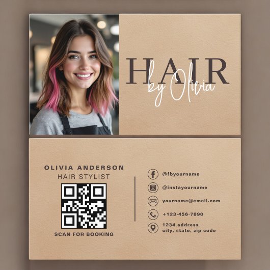 Neutral Beige Suede Hair Stylist Photo QR Code Visitekaartje