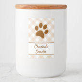 Neutral Brown Beige White Gingham Pattern Paw Name Voedselcontainer Etiket (Voorkant)