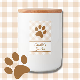 Neutral Brown Beige White Gingham Pattern Paw Name Voedselcontainer Etiket