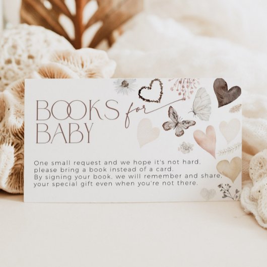 Neutral Butterfly Hearts Boeken voor Baby shower Informatiekaartje