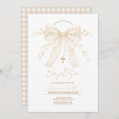 Neutral Cream Bow Cross Baptism Christening Kaart (Voorkant / Achterkant)